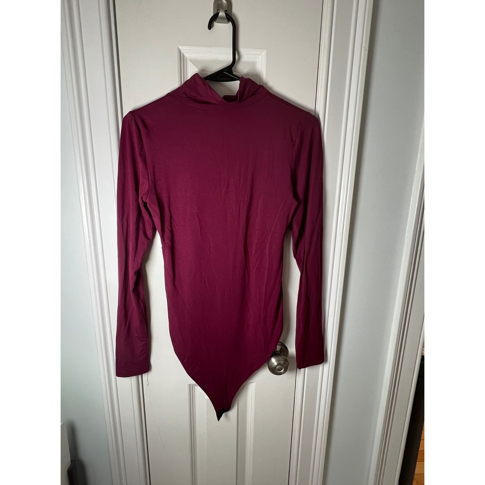 Mangopop Burgundy Mock Neck Long Sleeve Bodysuit Small Wine Red Thong Snap Base